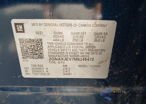 2021 Chevrolet Equinox Fwd 2Fl z USA, uszkodzony, nr VIN 2GNAXJEV7M6149472